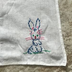 Vintage Embroidered Bunny Tea Towel White Cotton Colorful Stitch Kitchen Decor